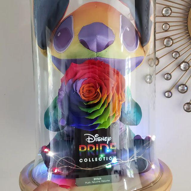 Cloche en verre Stitch et rose éternelle rainbow 20cm